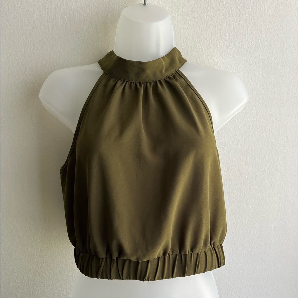 Halter Top Olive Green Cropped Shirt Blouse Size Medium